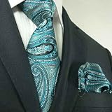 Landisun 40L Teal Blues Paisleys Mens Silk Tie Set: Tie+Hanky &Plastic Hook