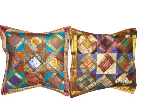 2 Blue Purple Tribal India Vintage Sari Toss Pillow Cushion Covers
