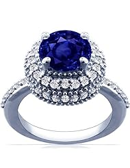 18K White Gold Round Cut Blue Sapphire Ring With Sidestones