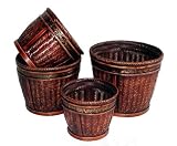 4 Bamboo Round Planters w/ Brass Band Top