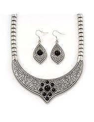 Ethnic Burn Silver Hammered, Black Ceramic Stone Necklace With T-Bar Closure & Teardrop Earrings Set - 42cm Length
