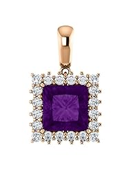 18K Rose Gold 8.00x8.00mm Princess Cut Amethyst and Diamond Pendant -- LIFETIME WARRANTY