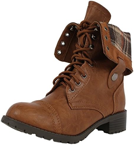Soda Women's Oralee Lace-up Combat Folded Cuff Riding Mid-Calf Boots Soda