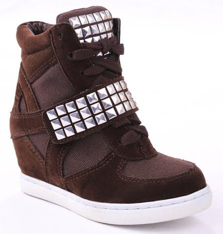 JJF Shoes Colima7 Kids Brown Fashion Studded Velcro Lace Up High Top Hidden Wedge Heel Sneakers-11