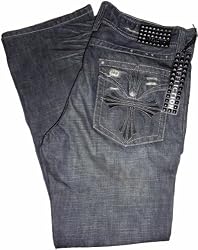 Men's Affliction Jeans Los Angeles Unfinished Indigo Denim Cooper Relaxed Boot Cross on Back Pocket