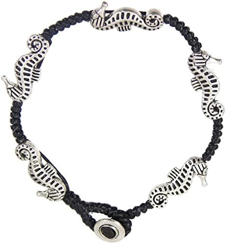 Strand Bracelet: Embellished Black Waxed Linen, Hypoallergenic/Tarnish-Proof/Waterproof (Seahorse)