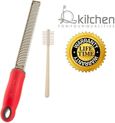 Qkitchen Parmesan Cheese Grater ~ Cheese Lemon Zester Grater ~ Ultra Sharp With Innovative Handle Design Rubber Feet ~ Easy To Clean ~ Color : Red ~ Include Zester Grater and Cleaning Brush