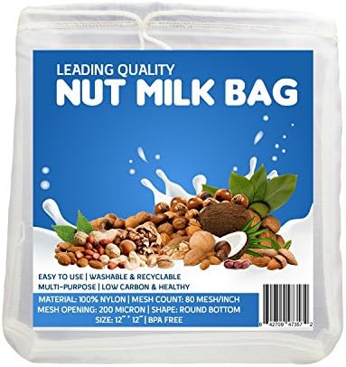 Nut Milk Bag From Leading Quality Offers Multi-Purpose Food Strainer For Making Nut Milk, Coffee, Red Wine, Juice, Cheese - Easy Cleaning, Easy Squeezing, Hanging Loop - Mesh Bag Strainer (12"x 12")