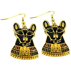 Goldtone Egyptian Goddess Bastet Dangle Earrings