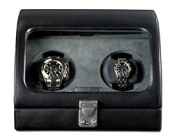 Genuine Black Leather Watch Winder With Curved Lens Holds Two Watches *Special Order Only