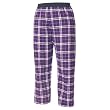 Purple and white tartan plaid check flannel cotton pants for lounging, sleep, sports. Unisex relaxed fit, exposed elastic waist