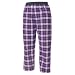 Purple and white tartan plaid check flannel cotton pants for lounging, sleep, sports. Unisex relaxed fit, available in 3 Youth sizes, exposed elastic waist