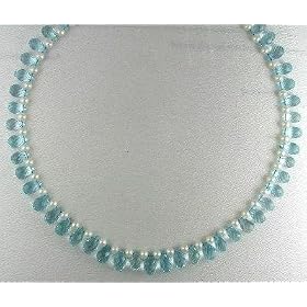Aquamarine Necklaces Cultured Pearls with Tear Drops Aquamarine Beads Beaded... by Gino