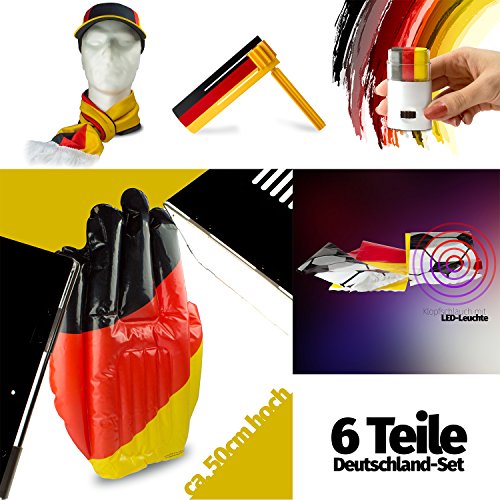6 teiliges Fan Set für Deutschland, egal ob EM oder WM, Fanartikel zur Europameisterschaft 2016, Fanpaket Deutschland schwarz-rot-gold, Fußball-Fan-Set, wasserfeste Fanschminke