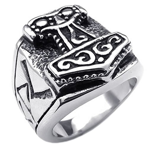 KONOV Massiness Vintage Stainless Steel Band Myth Thor's Hammer Ring, Black Silver