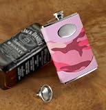 Personalized 8 Oz Pink Camouflage Liquor Flask With Funnel - Engraved Oval Medallion - Leather & Stainless Steel - Women, Military, Hunter