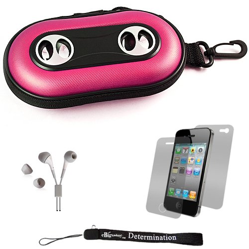 Pink Portable Hard Case Cover Shell with Integrated Speakers for Apple iPhone 4 ( 4th Generation 16GB 32GB - AT&T and Verizon ) + Includes Anti Glare Screen Protector Guard + Includes High Quality HD Noise Filter Earphones