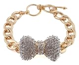 Gold with Clear Iced Out Large 3D Bow 9 Inch Cuban Chain Link 12mm Adjustable Bracelet