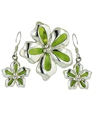 Sterling Silver Light Green Enamel Flower Fish Hook Earrings and Pendant Set 16 inches chain