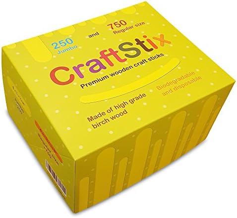 1000 Wood Craft Sticks By CraftStix - 250 Jumbo (6 inch) and 750 Regular (4,5 inch) - Natural Large Wood Ice Cream Popsicle Sticks for School Projects, Gardening, Home Decoration, Spa