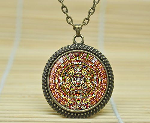 Fashion Jewelry Aztec Calendar Necklace Sun Stone Pendant The Xiuhpohualli The Tonalpohualli Glass Cabochon Necklace A1677