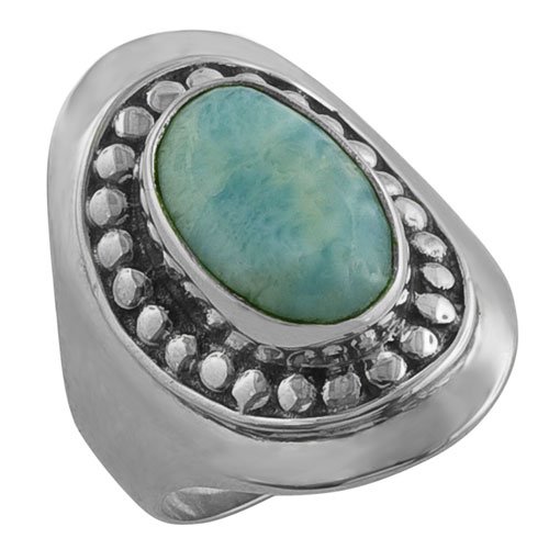 925 Sterling Silver Larimar Stone With Beads Trim Oval Ring
