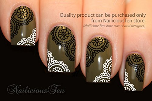 Black White Round Daisy Lace Nail Wraps Art Water Transfer 20pcs Decal So Beautiful by NailiciousTen - ST8088