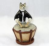 CAT Tiger Grey n TUX Musician plays KETTLE DRUM MINIATURE New Porcelain Figurine KLIMA L657C