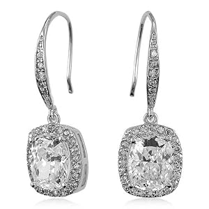 Cushion-Cut Prong-Set Cubic Zirconia CZ Sterling Silver Earrings Dangle Earrings – Ideal Gift For Mother Day, Anniversary, Engagement, Wedding, Birthday, For Her