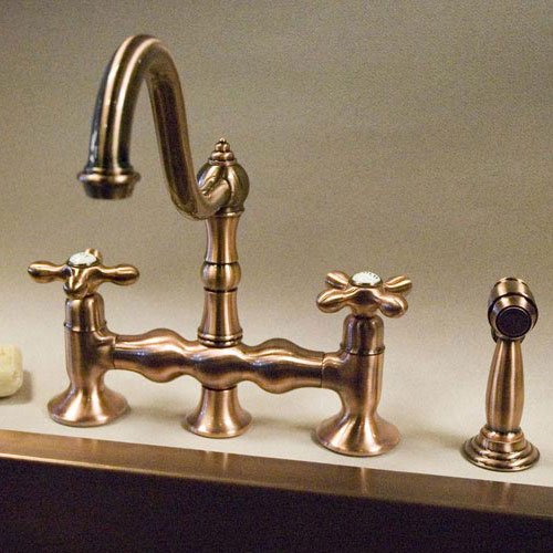 Bridge Kitchen Sink Faucet w/Brass Sprayer - Antique Copper