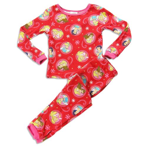 Disney Princess - Girls 2 Piece Long Sleeve Disney Princess Thermal Pajamas, Red (Size 4)