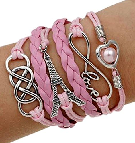 Lovely Eiffel Tower Love Pink Leatherette Wrap Bracelet