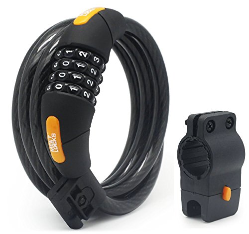 MEETLOCKS® Combination Coiled Cable Lock, Dia.12mmx5 Feet(L) Cable With A Free Charge Easy-fix Bracket, Fits For The Stem Of Dia.26-40mm