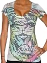 ED HARDY by Christian Audigier Womens Tattoo Tiger V-Neck T-Shirt Tee Top Rainbow Black