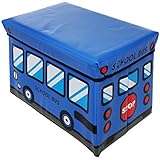 19 Inch Blue School Bus Kids Toy Box Storage Container Stool with Lid / Folding Ottoman Organizer Bin - MyGift&reg;