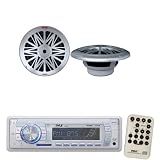 Pyle Marine Radio Receiver and Speaker Package - PLMR18 AM/FM-MPX PLL Tuning Radio w/SD/MMC Memory Card Slot & USB - PLMRS62 200 Watt 6.5 2 Way White Marine Water Resistant Speakers (silver Color)
