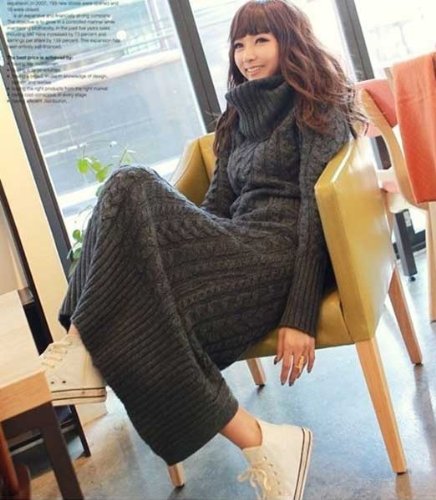 【ノーブランド品】 マキシ丈 ケーブル ニットワンピース ダークグレー142