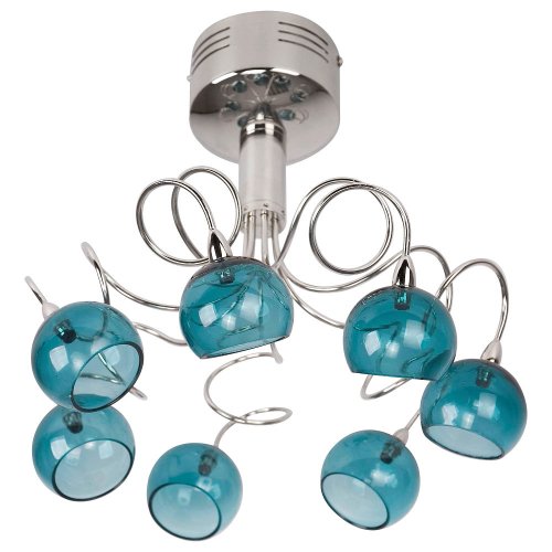 Polished Chrome Tangle Effect 7 Way Ceiling Light With Teal Glass Shades (8 X 10w G4 Bulbs Supplied)
