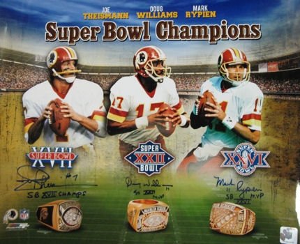 Joe Theismann, Mark Rypien and Doug Williams Washington Redskins Autographed/Hand Signed Super Bowl