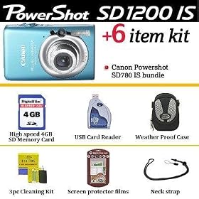 Canon Powershot SD1200 IS Blue 10.0 Megapixel 3x Optical Zoom Digital Camera + 150x 4GB SD Memory Card + USB Reader + Case+ Accessory Bundle 3449B001