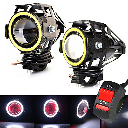 U7 LED Motorcycle-Motor headlight Driving DRL Fog Light-Spotlight,High/Low Beam,Flashing-with White Angle Eyes Light Ring(Pack of 2,Light White)