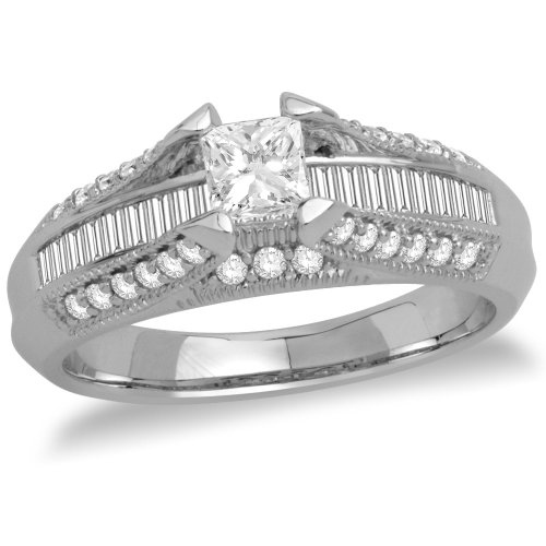 14k White Gold Princess-Cut Diamond Engagement Ring with Channel-Set Baguettes (1/3 ct Center 9/10 cttw, G-H Color, SI2-I1 Clarity), Size 7