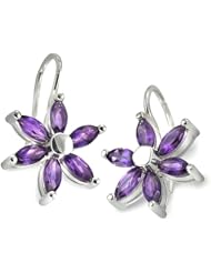 CleverEve Designer Series Floral Inspired French Wire Sterling Silver Earrings w/ 6mm Marquise Shaped Genuine Amethyst Side Stones