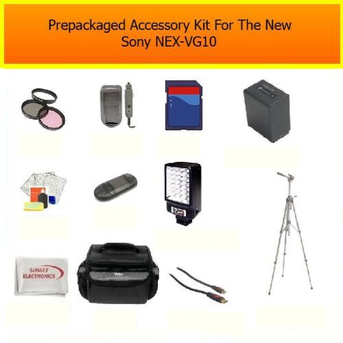 Professional Sony NEX-VG10 Ultimate 16GB Accessory Package Kit Includes 16GB High Speed Memory Card, Card Reader, Professional LED Video Light, 72 Inch Pro Tripod, Extra Large Carrying Case, 8 Hour Extended Life FV100 Batery Pack, Rapid AC/DC Charger, 67MM Pro HD Filter Kit, HDMI Cables + More Professional Sony NEX-VG10 Ultimate 16GB Accessory Package Kit Includes 16GB High Speed Memory Card, Card Reader, Professional LED Video Light, 72 Inch Pro Tripod, Extra Large Carrying Case, 8 Hour Extended Life FV100 Batery Pack, Rapid AC/DC Charger, 67MM Pro HD Filter Kit, HDMI Cables + More