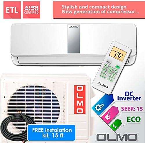 Olmo 9 208-230v/60hz, Ductless Mini Split System 15 Seer, 9k Btu Indoor+outdoor Set (White), free installation kit 15ft