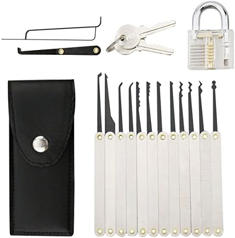 GUTEWELL 12-Piece Unlocking Lock Pick Set Key Extractor Tool + Transparent Practice Padlocks
