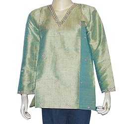 Womens Top Green Kurti India dress Fashion This Summer Embroidery Size L