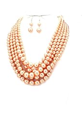 Statement Beaded Layered Strands Rose Peach Pearl Beads Silver Chain Necklace Earrings Set Gift Bijoux