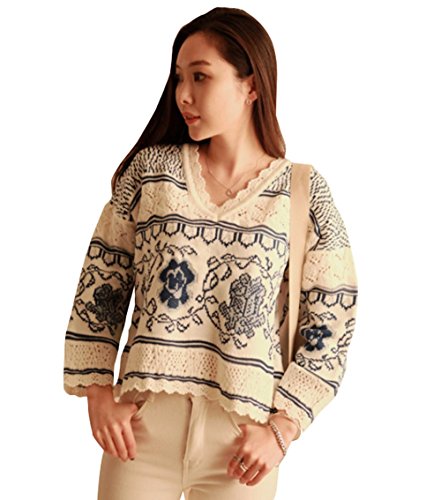 【 UN ANANAS 】 ラブリー キュート フラワー レース Vネック ニットトップス レディース 韓国 スタイル 全２色 春