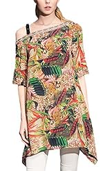 Tropical Print Silk Summer One Shoulder Midi Dress 